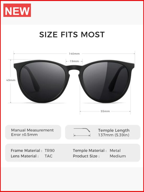 Premium Round Sunglasses with Polarized UV400 Lenses, Keyhole Nose Bridge, TR90